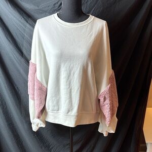 Zara Cream Sweatshirt with Pink Faux Fur Sleeves